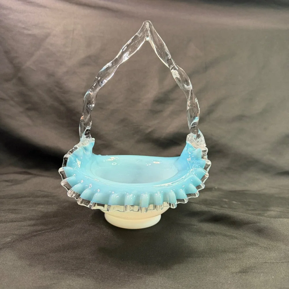 Vintage Fenton Glass Basket Blue Cased Overlay Silver Jamestown Ruffled Twisted